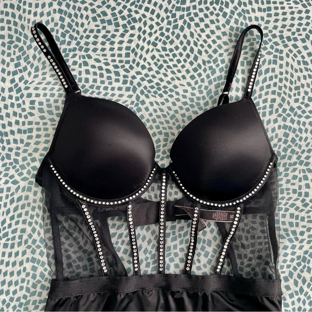 Victoria's Secret Black Satin & Mesh Lingerie Bodysuit Sparkly Rhinestones Small - Picture 3 of 12